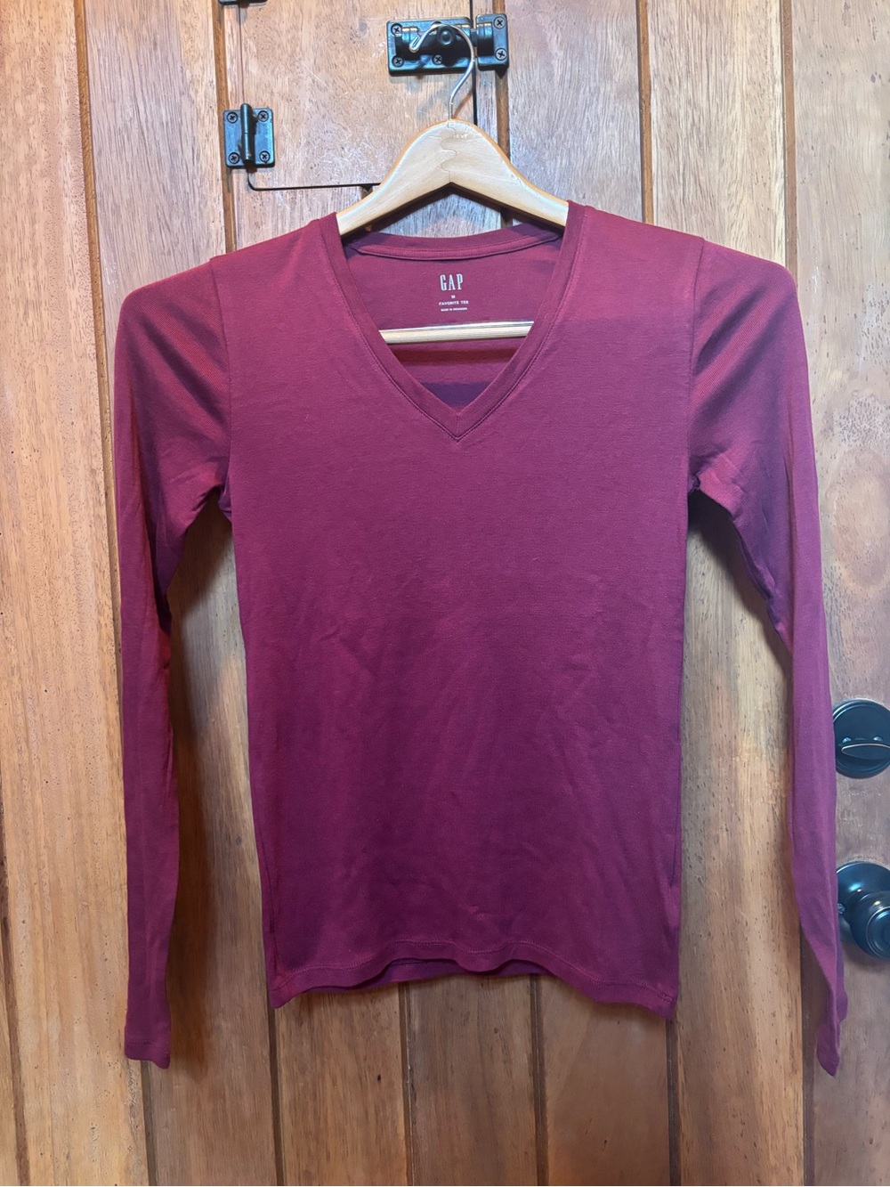 GAP Long-Sleeve “Favorite Tee” V-Neck Top in Wine